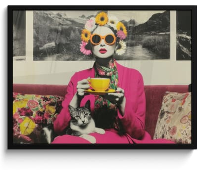 Poster in lijst - Fotolijst 80x60 cm - Posters - Vrouw - Kat - Bloemen - Kopje - Retro - Posterlijst zwart - Decoratie - Wanddecoratie woonkamer - Muurdecoratie slaapkamer