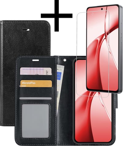 Hoesje - Met Screenprotector - Geschikt voor OnePlus Nord CE4 - Luxe Pasjeshouder - Bookcase Portemonee - Flip Case - Kunstleer Book Case - Flipcase - Book Cover - Walletcase - Portemonneehoes - Zwart