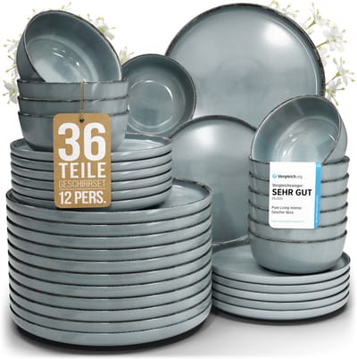 Pure Living Rustic Serviesset - Rookblauw - 36-Delig Voor 12 Personen - Massief Aardewerk - Landelijk Design - Magnetron & Vaatwasserbestendig
