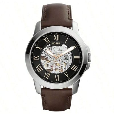 Montre Mécanique Automatique Fossil pour Homme avec Bracelet en Cuir, Boîtier en Acier Inoxydable et Verre Résistant aux Rayures ME3100 marron