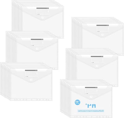 Pack van 48 A4 documentmappen voor opslag, waterdicht, met 11 gaten en labelcompartimenten, ideaal voor archivering en organisatie van documenten