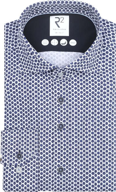 R2 Overhemd Jersey Shaped Print Blue - Maat 38 - Heren - Overhemden Formeel