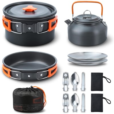 Kampeer kookset Kampeer kookgerei set 16 stuks Kampeer pot pan set Nestbare Kampeer kookset oranje