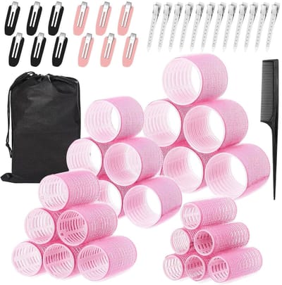 Haarrollers Set - 24 Stuks in 4 Maten (60/48/36/25 mm) - Met 24 RVS Klemmen en Zelfklevende Strip - Voor Lang, Middellang en Kort Haar - 50 Delen Set