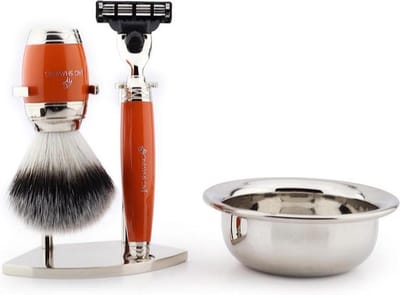 Klassieke scheerset voor heren met scheermes met 3 randen, scheerkwast met synthetisch zilveren uiteinde, standaard en scheergeschenkset (scheerset voor heren)