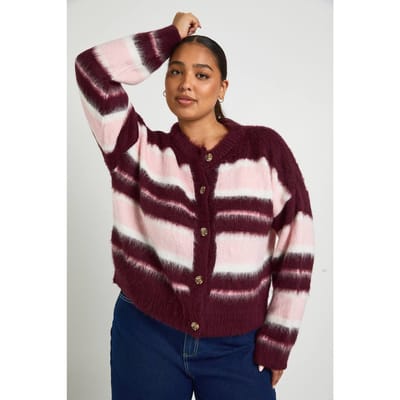 boohoo Dames Plus ronde hals pluizige gestreepte cardigan | Bordeaux Rood | Maat: 24-26