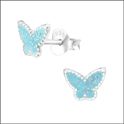 Aramat Jewels | Oorbellen | 925 Zilveren Vlinder Oorbellen 8mm Kinderen - Vlindertjes Oorstekers | Blauw glitter-7x6mm | |8mm | Zilver | Kinderen | Verkleurd niet