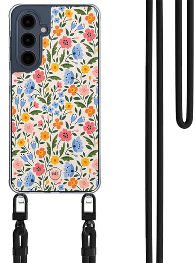 Hoesje met koord geschikt voor Samsung Galaxy A16 - Romantische bloemen - Inclusief Zwart koord - Crossbody beschermhoes - Transparant, Multi - Mooie Telefoonhoesjes