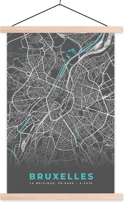 Posterhanger incl. Poster 40x60 cm - Schoolplaat - Kaart – Plattegrond – Stadskaart – Bruxelles – België - Grijs - Textielposter - Blanke latten - Stadskaart