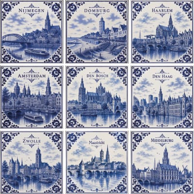 Tegelstickers Delfts Blauw Nederlandse steden (9 stickers) - 15cm x 15cm - backsplash - peel and stick - plakfolie - voor badkamer, keuken of toilet - zelfklevend