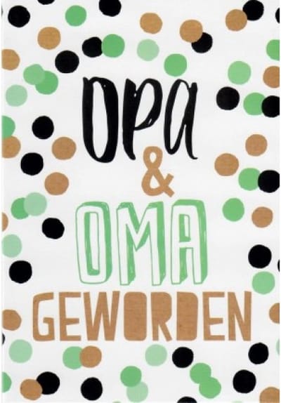 Opa en oma geworden! Van harte gefeliciteerd! Een feestelijke kaart met mooie stippen in diverse kleuren. Een leuke kaart om zo te geven of om bij een cadeau te voegen. Een dubbele wenskaart inclusief envelop en in folie verpakt.