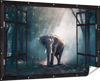 Gards Tuinposter Doorkijk Olifant in het Bos met Zonneschijn - 180x120 cm - Tuindoek - Tuindecoratie - Wanddecoratie buiten - Tuinschilderij
