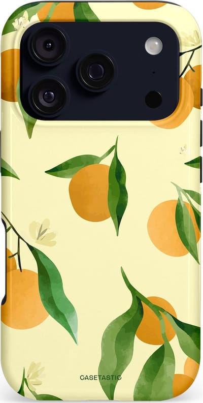 Casetastic hoesje geschikt voor Apple iPhone 17 Pro - MagSafe - Dubbellaagse bescherming - Bladrijke Sinaasappel - Fashion Case - Crème Olijfgroen Okergeel