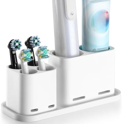 PromoHome Tandenborstelhouder Organizer - Opsteekborstelhouder voor Elektrische en Handtandenborstels - Met 6 Opbergvakken voor Tandpasta en Toiletartikelen - Wit - Badkamer Organisatie