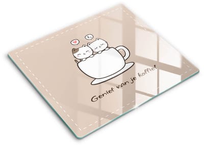 Wallfluent Glazen Snijplanken - Motief: Lekker kopje koffie! Snijplanken Glas - 60 cm x 52 cm - Beige Snijplanken van Glas - Glazen Keukenplank - Glazen Snijplank Voor Keuken - Antislip Glazen Snijplank