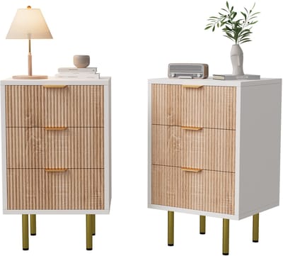 Set van 2 Nachtkasten met 3 Lades - Modern Geribbeld Design met Goudkleurige Grepen & Poten, 40x40x65cm, Voor Slaapkamer