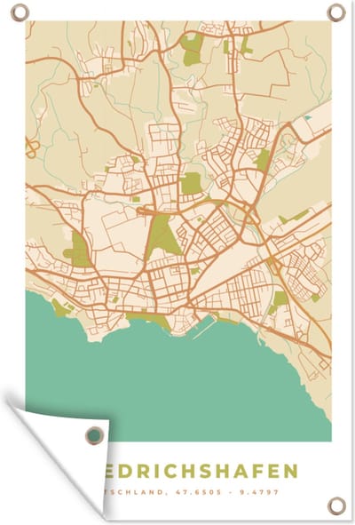Muurdecoratie Friedrichshafen - Kaart - Vintage - Stadskaart - Plattegrond - 120x180 cm - Tuinposter - Tuindoek