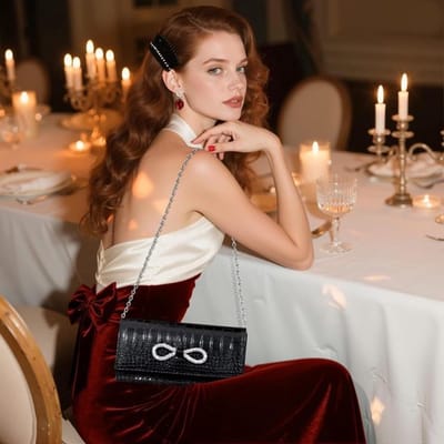 Elegante zwarte clutch met afneembare ketting in krokodillenlook leer en kristallen strik, perfect voor avondjes uit