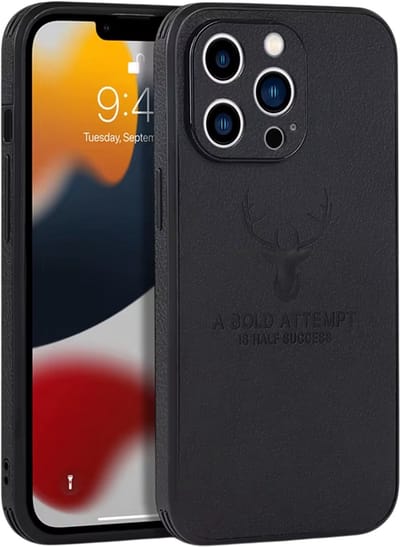 Luxe Lederen Telefoonhoes met Bumper – Geschikt voor iPhone 17 – Schokbestendige Beschermhoes met Zachte Backcover, Business Case met Hertenhoofd Design - Zwart