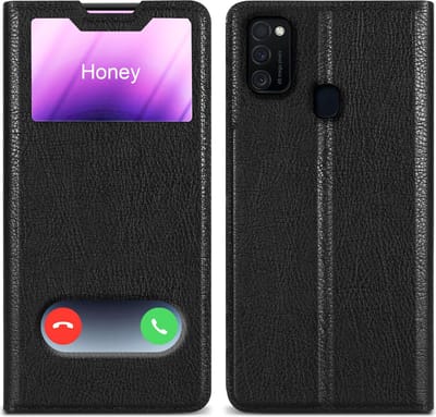 Cadorabo Hoesje geschikt voor Samsung Galaxy M21 / M30s in KOMEET ZWART - Beschermhoes met magnetische sluiting, standfunctie en 2 kijkvensters Book Case Cover Etui