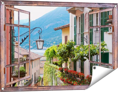 Gards Tuinposter Doorkijk Kleurijk Straatje in Italie - 90x60 cm - Tuindoek - Tuindecoratie - Wanddecoratie buiten - Tuinschilderij