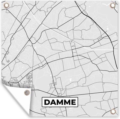 Tuin poster Zwart Wit – België – Plattegrond – Stadskaart – Kaart – Damme - 200x200 cm - Tuindoek