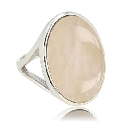 My Bendel - Zilverkleurige Statement Ring met Rose Quartz Edelsteen - Statement Ring met Ovale Edelsteen • Rose Quartz • Zilverkleurig - met Luxe Cadeauverpakking | Sieraden Voor Dames | Maat 16.00 Mm / Maat 50