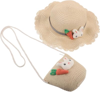Zonnehoed Met Tas - Kinder Set - Buiten Spelen - Konijn Wortel Design - 31 cm Breed - Beige