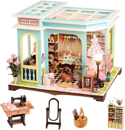 Houten Poppenhuis Accessoires Set - DIY Miniatuur Boetiek met Meubels en LED Verlichting - Creatief Cadeau voor Vrouwen
