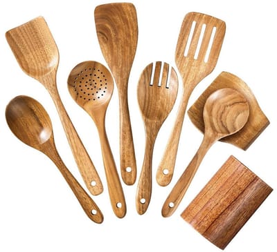 QTTVBTNA 9-delige Houten Keukengerei Set met Lepelhouder en Standaard – Hittebestendige Kooklepels en Spatels – Compleet Keukenset voor Koken en Serveren