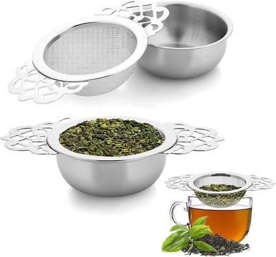 Theezeef met deksel en afdruipbak, fijne mesh, dubbele handgreep – voor losse thee en theepot