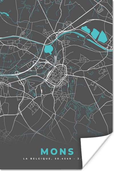 Poster Stadskaart – Grijs - Kaart – Mons – België – Plattegrond - 120x180 cm XXL