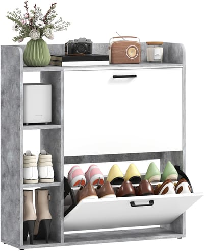 HOMCOM neerklapbare schoenenkast - Spaanplaat - 83x24x90,5cm - Wit en grijs