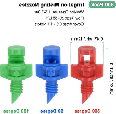 300 Pcs Mist Sprayers voor Tuin en Planten, 90/180/360 Graad Irrigatie Emitters, Water Irrigatiesysteem, Vernevelaar en Dripper voor Efficiënte Bewatering