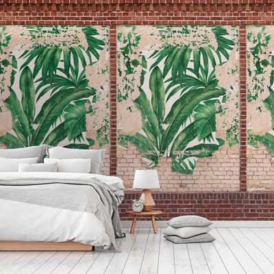 Fotobehang Profhome 392452-GU vliesbehang hardvinyl warmdruk in reliëf glad in baksteen look mat bruin beige rood groen 1,59 m x 2,8 m
