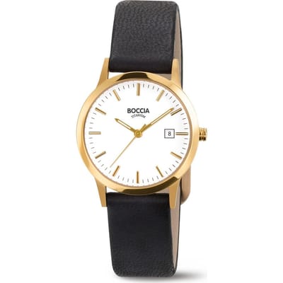 Boccia Titanium 3180-05 Dames Horloge - Mineraalglas - Titanium/Leer - Goudkleurig/Zwart - 31 mm breed - Quartz - Gesp - 5 ATM (douchen)