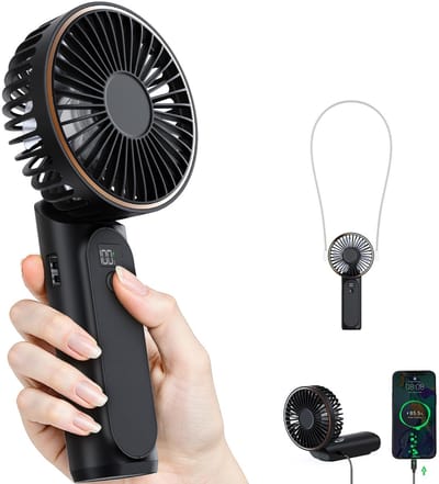 Draagbare Handventilator met 4000mAh Batterij – Oplaadbare Ventilator met LED-Display, 6 Snelheden en 180° Verstelbaar – Voor Kantoor, Slaapkamer en Outdoor Gebruik