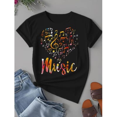 Dames T-shirt met Muzieknoot & G-sleutel - Korte Mouwen Ronde Hals Casual Zomer Festival Outfit met Muziekstokpatronen XL zwart