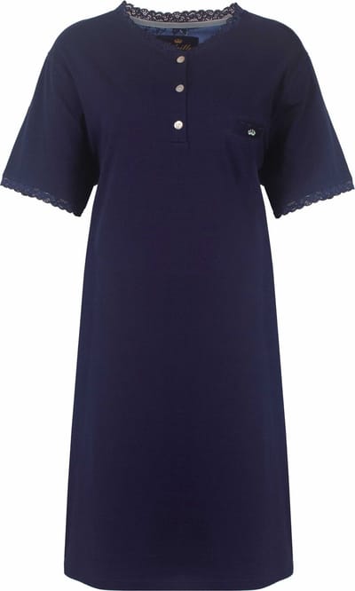 Medaillon Dames Nachthemd - Slaapkleedje - Katoen - Donker Blauw - Maat S