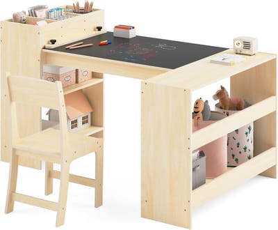 In hoogte verstelbare kindertafel met stoel en opbergruimte voor knutselen en leren