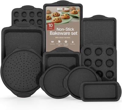10-delige Koolstofstalen Bakvormen Set met Antiaanbaklaag en Siliconen Handvatten