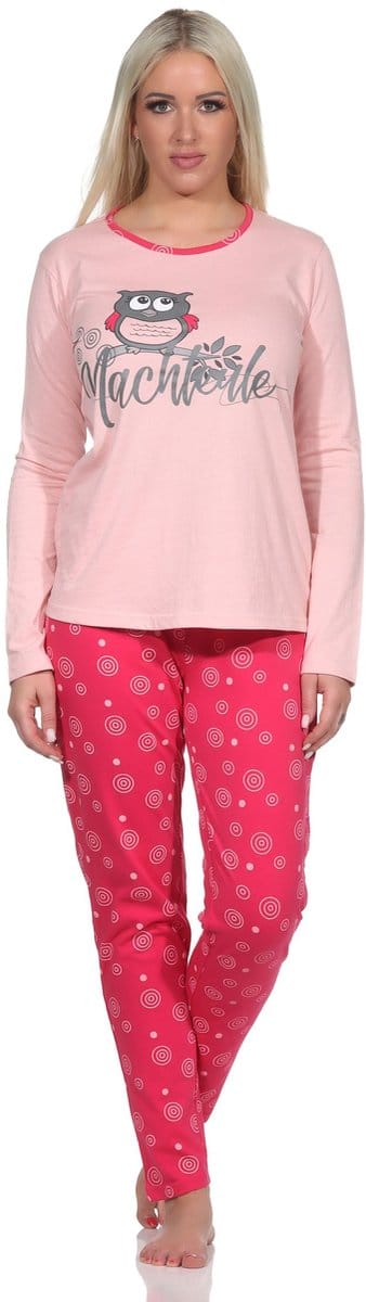 Lange damespyjama met ronde hals en schattig uilenmotief