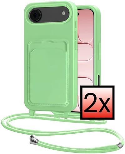 Hoes Geschikt voor iPhone Air Hoesje Pasjeshouder Cover Met Koord Case Siliconen Hoes Met Telefoonkoord en Kaarthouder - Groen - 2 PACK