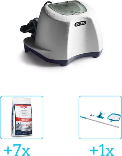 Intex QS500 zoutwatersysteem - Zwembaden tot 26.500 liter inclusief Zwembadzout 15 kg. (7 stuks) & Intex Onderhoudsset met telescoopsteel - 2-delig - 28002 (1 stuks)