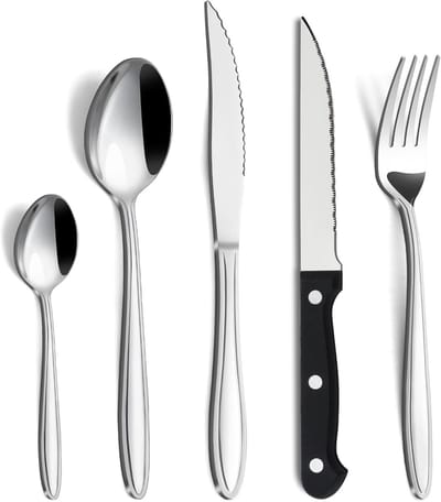 Roestvrijstalen Bestekset met 30 Stukken en Steakmessen, Elegant en Vaatwasmachinebestendig voor Thuis, Café en Buitengebruik