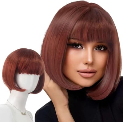 Korte Bruine Rechte Peruk voor Vrouwen met Pony voor Carnaval, Cosplay en Feestjes