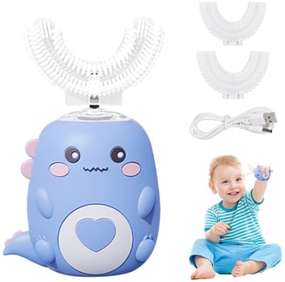 Elektrische tandenborstel voor kinderen met sonische vibratie – U-vormige elektrische tandenborstel – Leer tandenpoetsen – Drie reinigingsstanden – 45 seconden – 360° rondom reinigen – Kunststof + siliconen – Blauw