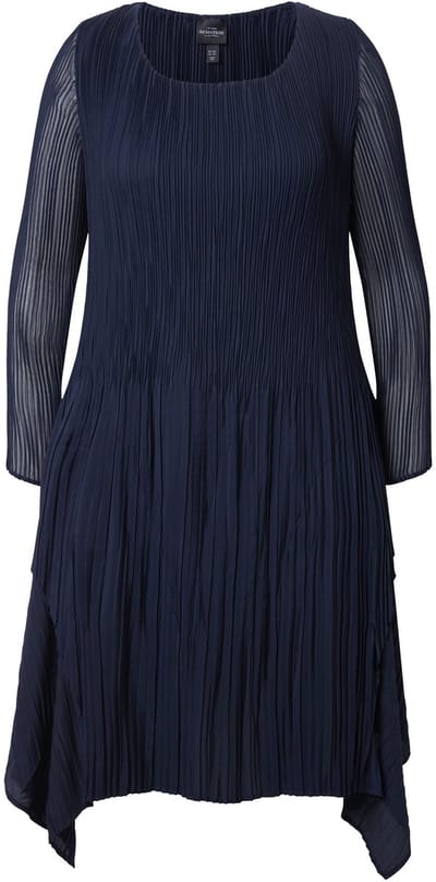 Ulla Popken - Dames - Geplooide jurk laagjeslook A-lijn V-hals lange mouw - Donkermarine - Maat 50+