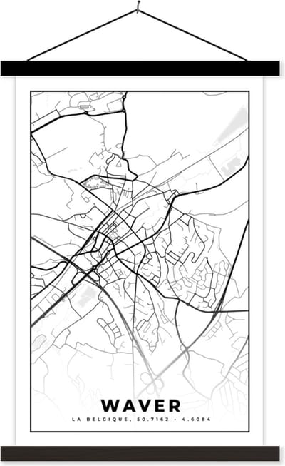 Posterhanger incl. Poster 40x60 cm - Schoolplaat - Plattegrond – Waver – Zwart Wit – Stadskaart - Kaart - België - Textielposter - Zwarte latten - Stadskaart