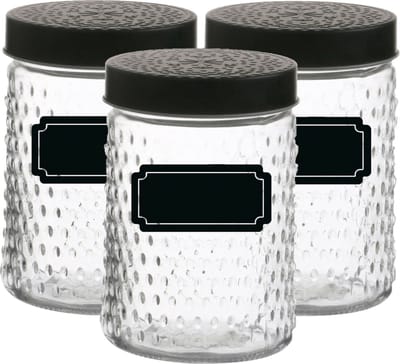 Voorraadpot/bewaarpot Roma - 6x - 1L - glas - zwart - incl. etiketten